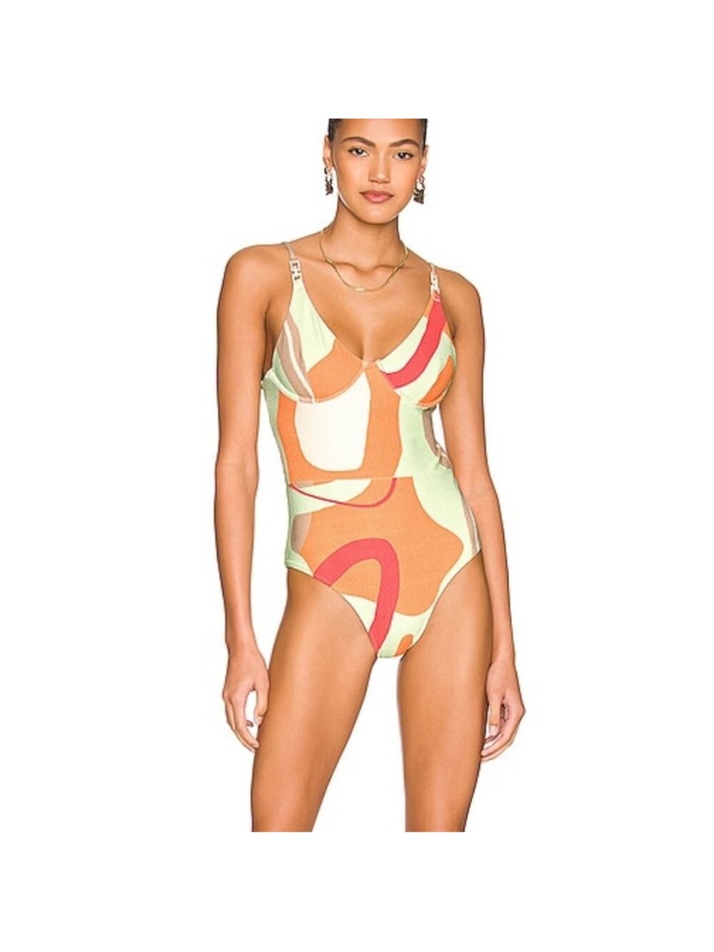 Abstract Curved-Print One-Piece Swimsuit in Orange & Cream